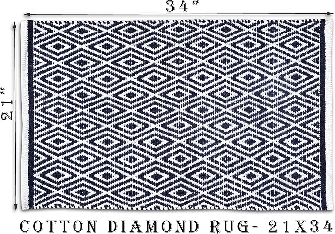 Ramanta Home 100% Cotton Diamond Handwoven Reversible Rug 21x34 Inch– Navy| Soft Washable Area Rug for Bathroom, Kitchen, Bedroom, Entryway | Durable Lightweight Handmade Accent Floor Mat | Boho Décor