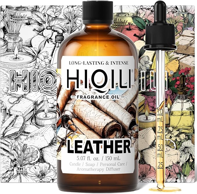 HIQILI Leather Fragrance Oil, Men's Scent for Car Air Freshener - 150ML | Suitable for Soap, Candle, Perfume Making, Long-Lasting Leather Scent, Pet Safe, Graduated Dropper Included