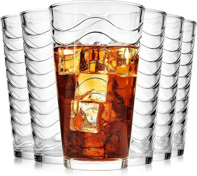 ALINK 16 oz Vintage Drinking Glasses, Set of 6 Wave Line Highball Glass Cups Bar Glasses, Clear Heavy Base Stemmed Water Glasses for Beer, Iced Coffee, Cocktail, Wine, Iced Tea, Dishwasher Safe