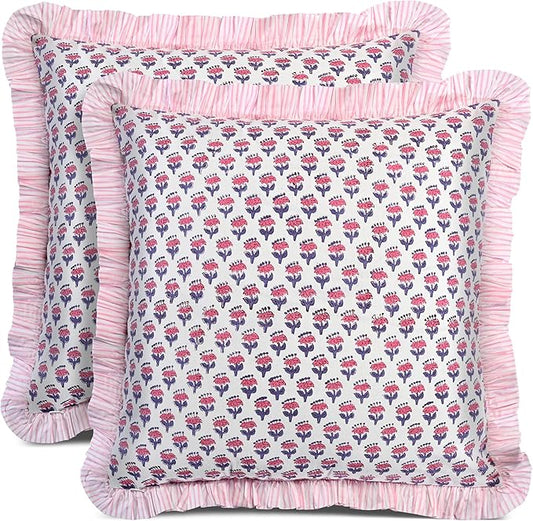 CPC Pink Sapphire Ruffle Throw Pillow Covers for Couch, 18x18 Inch Cotton Stripe Ruffle Couch Pillows for Living Room, Hidden 14 Inch Zipper Boho Pillow Case or Cute Outdoor Pillows