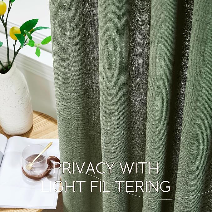 NICETOWN Olive Green Linen Blended Curtains 63 Inch for Bedroom, Light Filtering Semi Sheer Burlap Curtains Farmhouse Grommet Privacy Window Drapes for Living Room, 2 Panels (52 x 63 Inch)