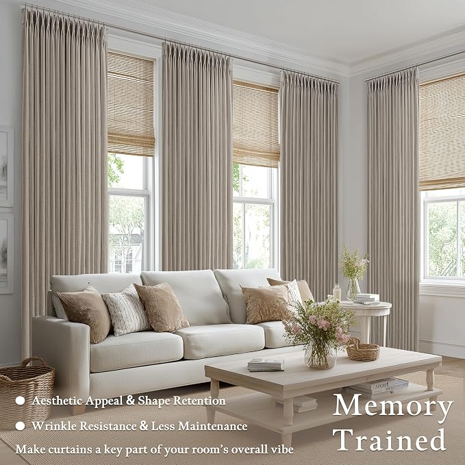 Taupe Pleated Linen Curtains 126 Inches Long for Living Room 2 Panels Set Greyish Beige Flax Pinch Pleat Drapes Back Tab Farmhouse Ceiling Floor 126 Inch Window Curtains Bedroom Burlywood Birch
