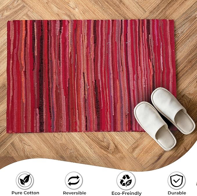 Ramanta Home 100% Cotton Hand Woven Chindi Rag Rug 2'x3' - Red, Recycled Reversible Rug, Boho Rustic Farmhouse Rugs for Living Room, Kitchen, Dinning Room Entryway Floor Mat - 24"x36"