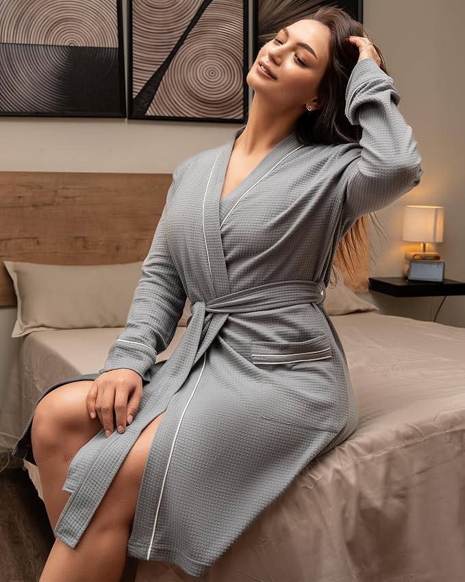 NY Threads Cotton Blend Waffle Robes for Women Knee-Length Bathrobe