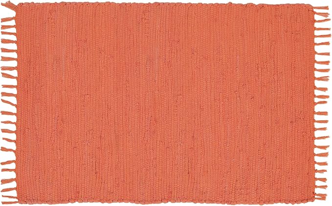 Cotton Rag Rug 24x36'' | 2x3' Multicolor Area Rug - Hand Woven, Washable & Reversible with Tassels - Perfect for Living Room, Kitchen, Entryway, or Bedroom (Solid Orange)