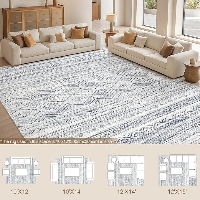Tortania Area Rug Living Room Rugs- 12x15 Washable Large Soft Neutral Boho Moroccan Bohemian Farmhouse Rug Indoor Floor Carpet for Bedroom Under Dining Table Home Office Decor - Dark Blue