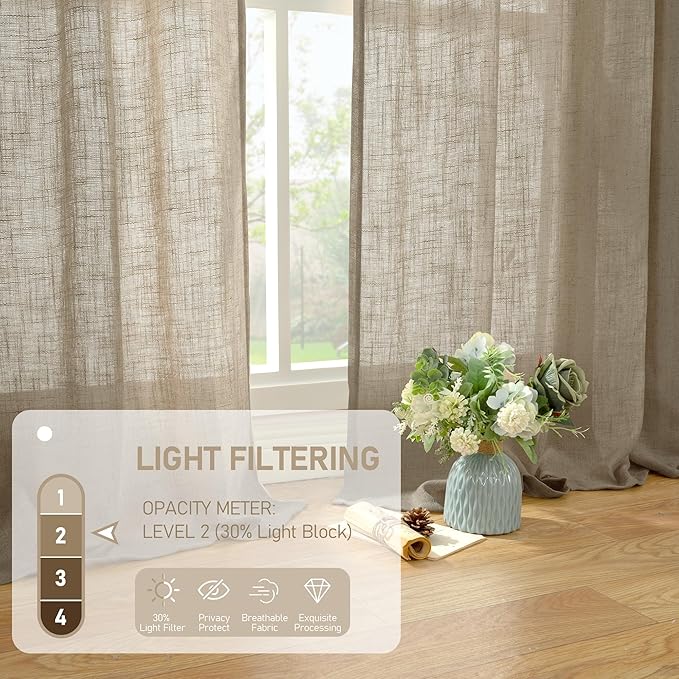 LAMIT Linen Curtains 60 Inch Length 2 Panels, Light Filtering Panels Back Tab and Rod Pocket Neutral Drapes for Bedroom/Window/Living Room, Taupe, 34 x 60 Inch