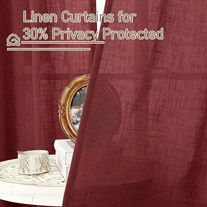 LAMIT Burgundy Red Linen Curtains 54 Inch Length 2 Panels, Light Filtering Panels Back Tab and Rod Pocket Christmas Decor Drapes for Bathroom/Window/Bedroom, 52 x 54 Inch