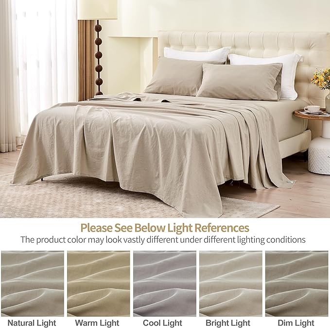 BISELINA Linen Sheet French Flax Flat Sheet Only 55% Euro Linen 45% Cotton Basic Style Solid Color Soft Breathable Farmhouse Top Sheet 1-Piece (Queen, Khaki)