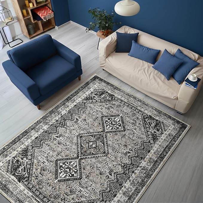 Keen Home Design 5x7 Rug - Machine Washable Area Rug with Non-Slip Backing, Ideal for Living Room, Dining Room, Bedroom - Vintage, Easy Clean, Durable, Low Pile Rug - (5' x 7')