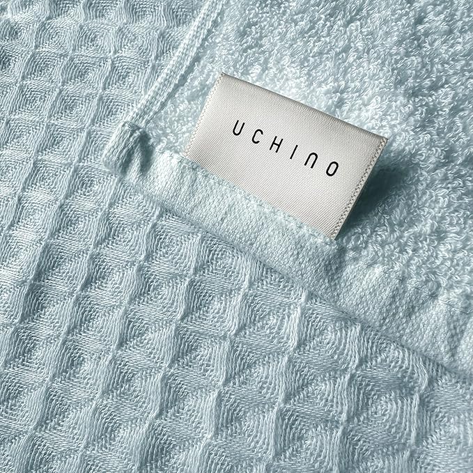 UCHINO Waffle Twist Cotton Weave Hand Towel for Bathroom Lightweight Absorbent Quick Dry Honeycomb Texture Solid Terry Loop Reverse 20" x 30", 1 Hand Towel, Ocean Blue