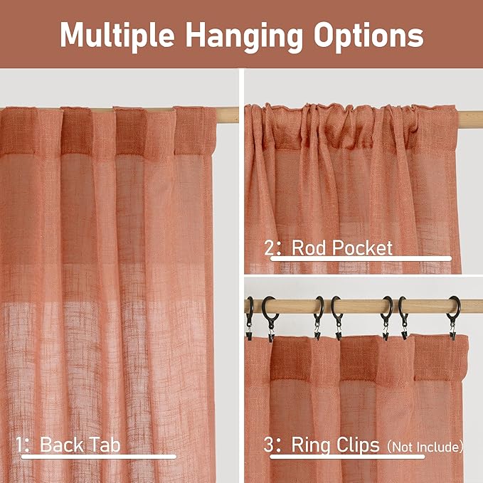 LAMIT 30 Inch Linen Kitchen Curtains, Semi Sheer Light Filtering Window Panels Back Tab and Rod Pocket Drapes for Basement/Small Windows, Terracotta, 25 x 30 Inch, 2 Panels