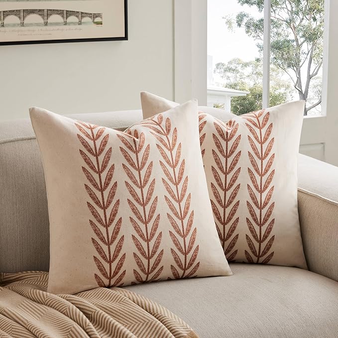 100% Cotton Farmhouse Leaves Throw Pillow Covers Set of 2, 24x24 Inch Terracota Pastoral Decorative Print Cushion Covers for Sofa Bed Living Room Home Decor