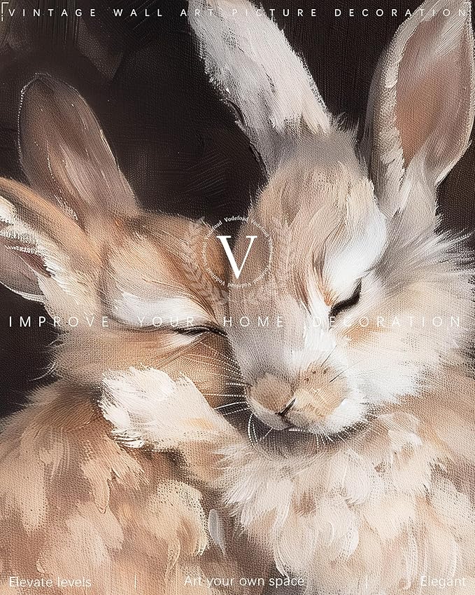 Vodefoad Hugging Rabbit Retro Vintage Canvas Wall Art Cute Rabbits Wall Art Oil Painting | Rabbit Friends | Antique Vintage Print | Bunny Poster | Nursery Decor - 8x10Inch Unframe