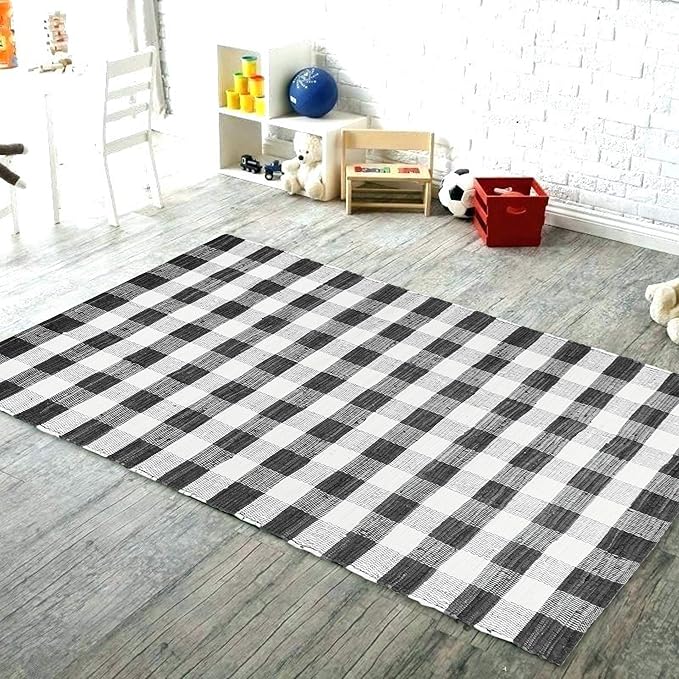 GLAMBURG Cotton Reversible Area Rug 3' x 5' Farmhouse Floor Mat, Handwoven Washable Carpet Checkered Plaid Rug for Front Porch Living Room Kitchen Bedroom - Black White