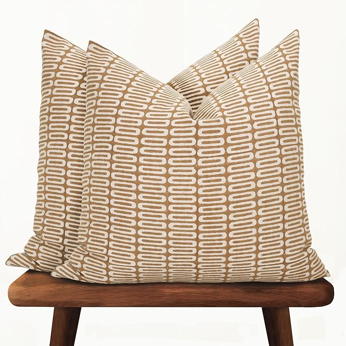 Hand-Block Printed, Artisan-Made Neutral Accent Throw Pillow Covers- Pure Cotton Cushion for Sofa, Bed, Chair, Home Decor, Boho, Indoor - Lana (Brown, 20" x 20" (Pack of 2))