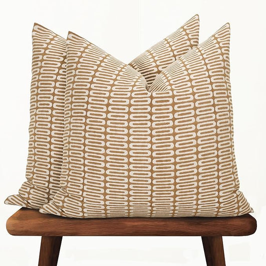 Hand-Block Printed, Artisan-Made Neutral Accent Throw Pillow Covers- Pure Cotton Cushion for Sofa, Bed, Chair, Home Decor, Boho, Indoor - Lana (Brown, 20" x 20" (Pack of 2))