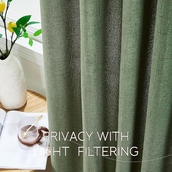 NICETOWN Olive Green Linen Curtains 84 Inches Long 2 Panels for Bedroom Living Room, Privacy Linen Textured Window Drapes Semi Sheer Light Filtering Grommet Christmas Curtains, 52" W x 84" L