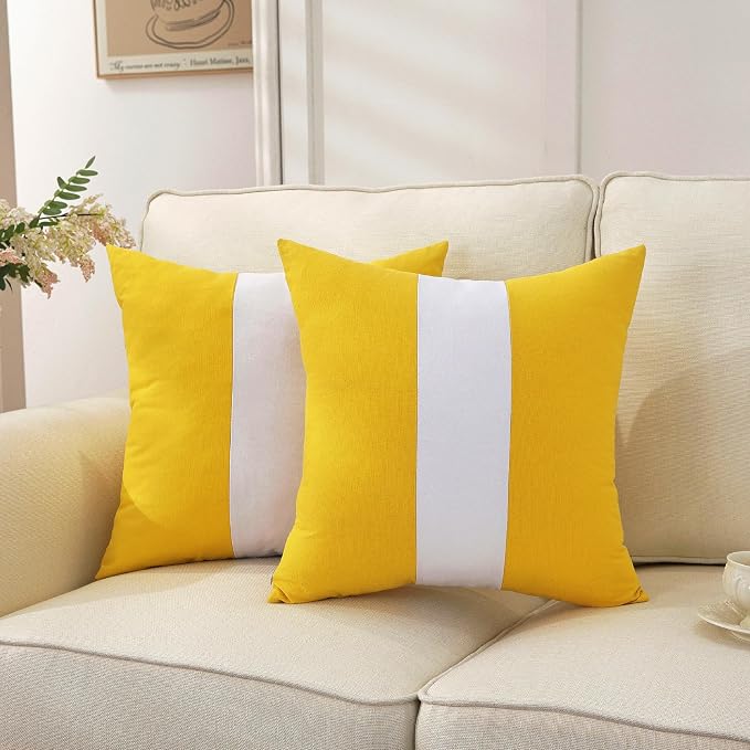 TAOSON Set of 2, Yellow 100% Cotton Canvas Patchwork Throw Pillow Covers 18x18 Inch, Modern White Striped Farmhouse Decor Cushion Covers for Sofa Couch Bedroom Living Room