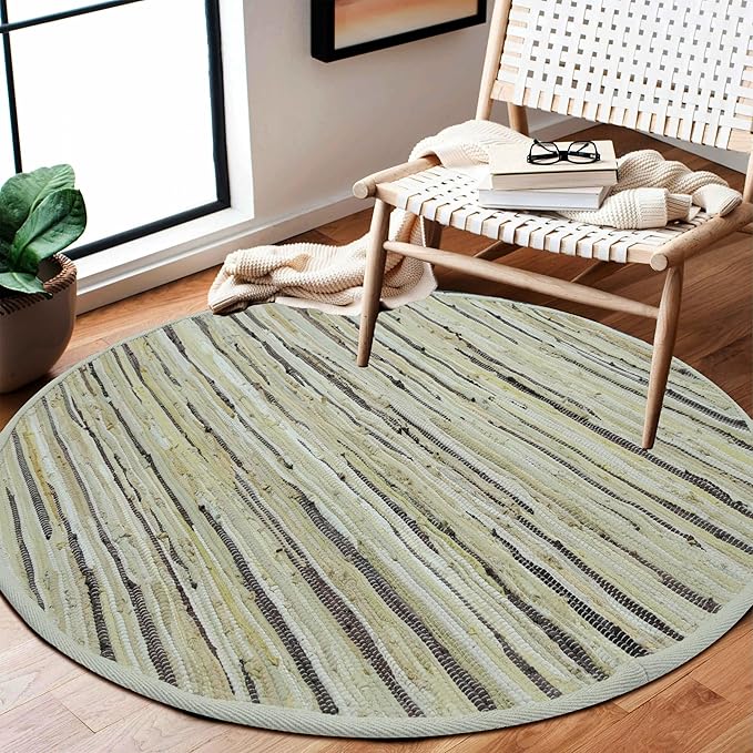 Cotton Hand Woven Chindi Area Rug 4 Feet Round - Beige, Reversible Circle Green Dinning Space Floor Rugs Ideal for Bedroom, Living Room, Kitchen | Linen Farmhouse Recycled Patio Mats for Balcony Décor