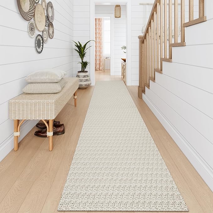 Collive Long Rug Runners for Hallways 12ft, Washable Farmhouse Bedroom Carpet Tan Non Slip Kitchen Runner Rugs, Low-Profile Braided Woven Entryway Carpets for Bathroom Front Door