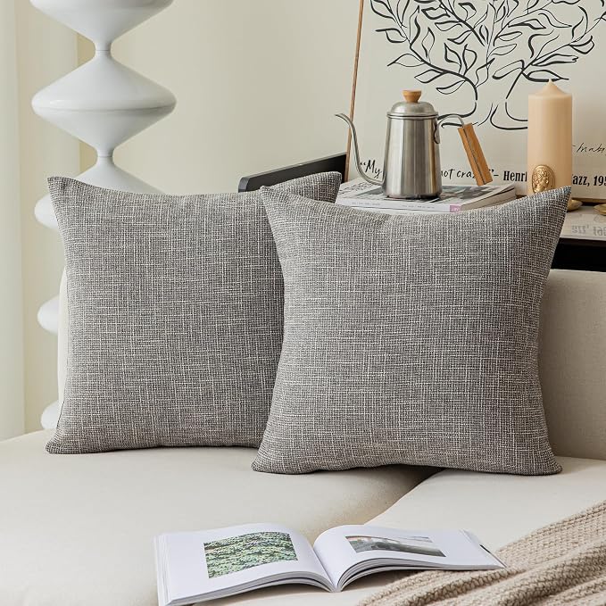 Kevin Textile Faux Linen Square 2 Tone Woven Throw Pillow Covers Sham Cushion Case for Car/Couch Use, 18-inch(2 Packs, Grey)