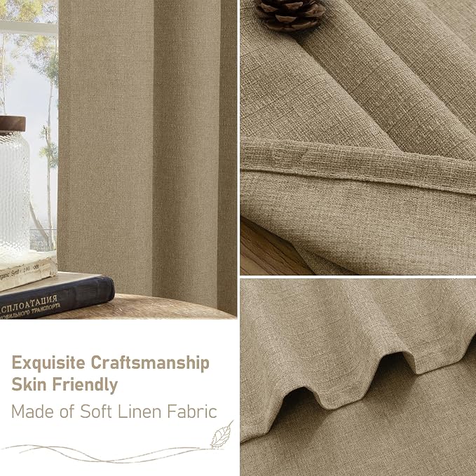 LAMIT Linen Textured Curtains for Living Room, 95 inches Long Grommet Thermal Insulated Thick Burlap Curtains Light Filtering Panels for Bedroom/Farmhouse, Set of 2 Panels, W52 x L95, Tan Brown