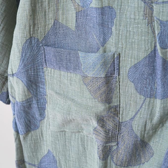 100% Cotton Gauze Ginkgo Leaf Kimono Robe, Long Knit Loose Bathrobe Nightgown Ladies Loungewear Sleepwear for Women