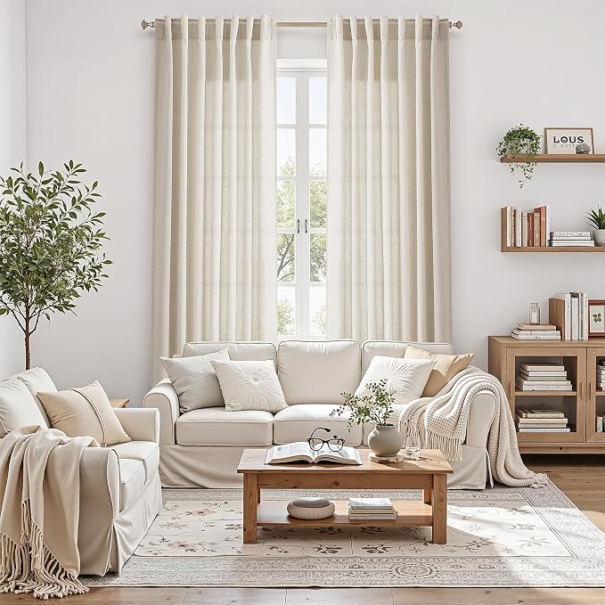 Extra Long Warm Beige Linen Curtains 120 Inch for Living Room 2 Panels Set Rod Pocket Back Tab Light Filtering Semi Sheer Linen Window Drapes Privacy High Ceiling Drapes for Farmhouse 52x120