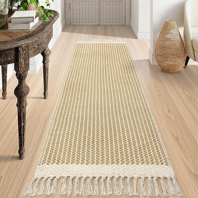 Lahome Belle Boho Hallway Runner Rug, 2'6''x8 Kitchen Runners Washable Rugs for Bedroom Woven Cotton Rug with Tassels, Farmhouse Bath Non Shedding Carpet Runner for Laundry Basement, Khaki
