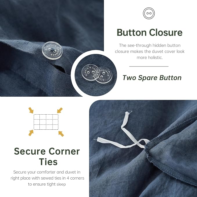 Simple&Opulence 100% Linen Duvet Cover Set, 3 PCS Classic Blue Duvet Cover King Size, Breathable Soft Comfy Linen Bedding Comforter Cover with 2 Pillowcases(Classic Blue, 104"x92")