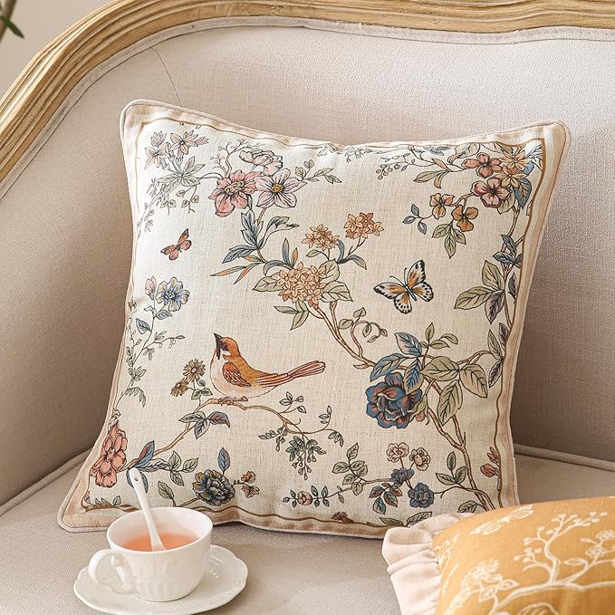 ISAENNE Design Square Floral Bird Linen Throw Pillow Covers 18"x18" Pack of 2, Yellow Pink Cushion Covers with Flower Chinese Hwamei Decor Pillowcases for Bed,Living Room,Outdoor,Car