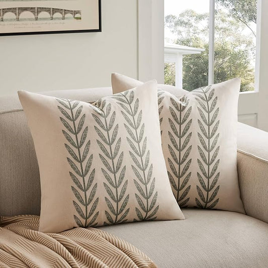100% Cotton Farmhouse Leaves Throw Pillow Covers Set of 2, 16x16 Inch Green Pastoral Decorative Print Cushion Covers for Sofa Bed Living Room Home Decor