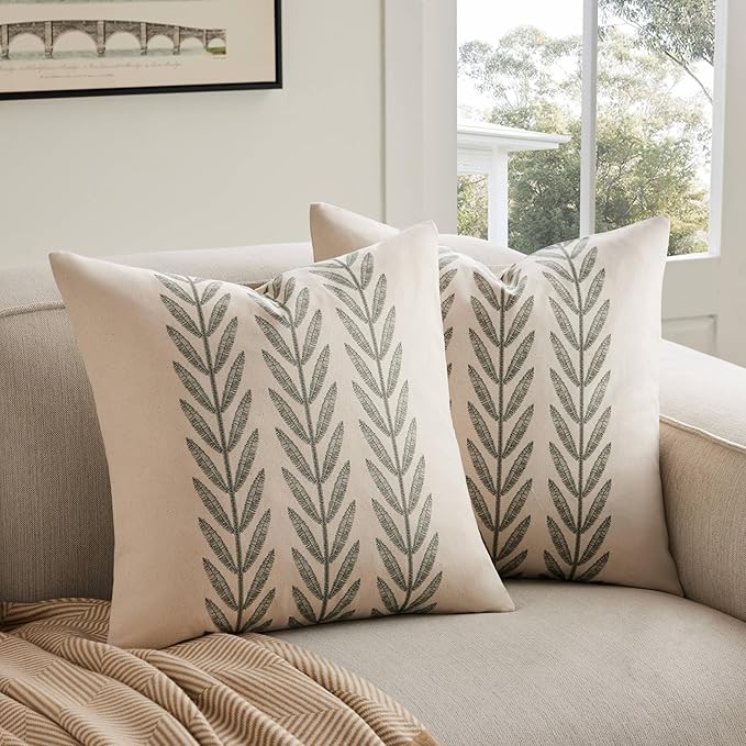 100% Cotton Farmhouse Leaves Throw Pillow Covers Set of 2, 24x24 Inch Green Pastoral Decorative Print Cushion Covers for Sofa Bed Living Room Home Decor