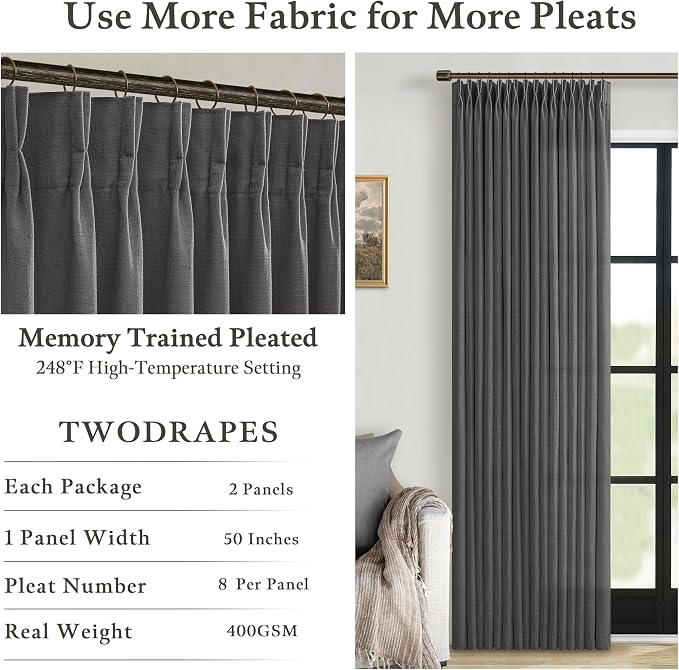 Charcoal Grey Linen Curtains 102 Inches Long for Living Room Pinch Pleated Drape with Hooks Rings for Track System Light Filtering Gray 102 Inch Curtain for Bedroom Sliding Patio Door 2 Panels 50x102