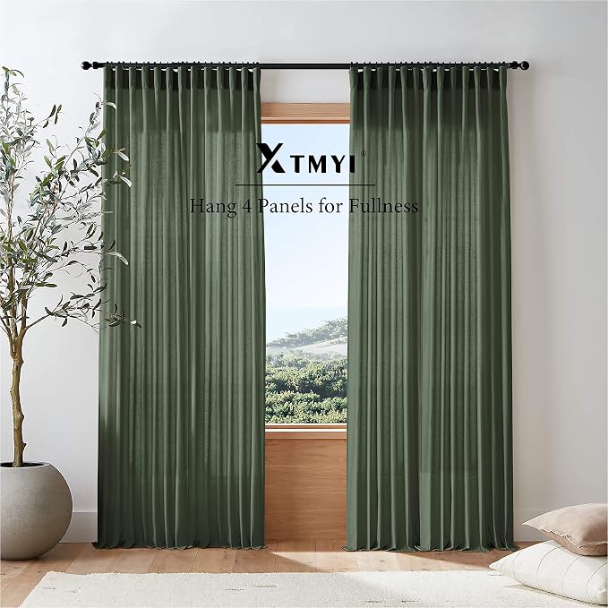 XTMYI 96 Inches Long Curtains Drapes for Sliding Glass Patio Door,Textured Cotton Boho Linen Sheer Window Curtain Panels,Set of 2,Moss Olive Green