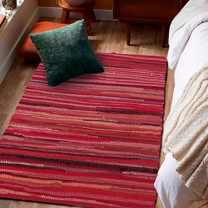 Ramanta Home Hand Woven Cotton Chindi Rug 3'x5' - Red, Braided Recycled 100% Cotton Rug for High Traffic Area, Farmhouse Boho Rugs for Living Room, Kitchen Entryway Bedroom Floor Mat - 36"x60"