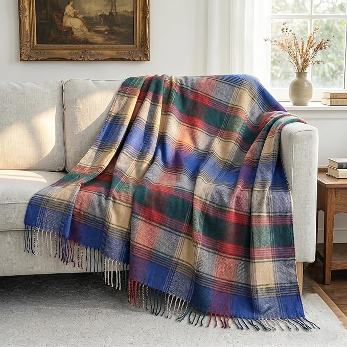 100% Wool Blanket Throw,Blue Plaid Wool Blanket with Compact Bag,Rustic Soft Lightweight Blanket for Couch,Sofa,Bed & Lounging Decoration, Warm Travel Blanket for Home, Airplane,Ideal Gifts 55"x83"