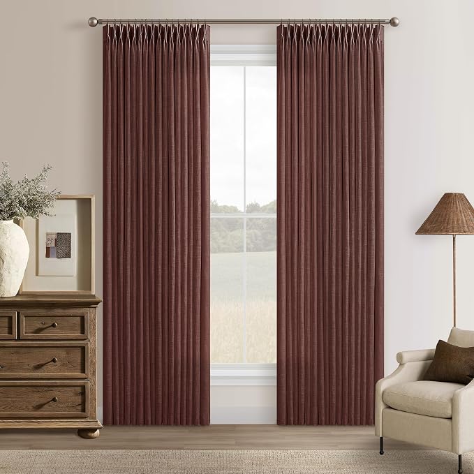 Reddish Brown Pinch Pleat Linen Curtains 80 Inch Long 2 Panels Set for Dining Living Room 50 Inch Wide Country Rustic Memory Trained Semi Sheer Drapes with Rings Back Tab Bedroom Window Curtain