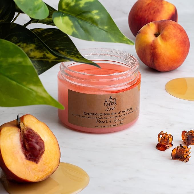 Salt Cellar Spa Energizing Peach & Honey Salt Scrub - Sweet Serenity with Dead Sea Minerals - Revive, Refresh, and Rejuvenate your Skin - Made in Israel, Cruelty-Free, 18 oz.
