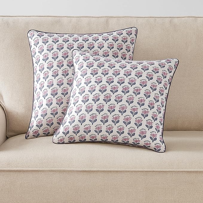 SheetKart Pure Cotton Throw Pillow Covers - Set of 2 - Hand Block Pure Cotton Printed Boho Decorative Pillow Covers - Cushion Covers for Living Room, Bohemian Theme, 16 x 16 Inches, Lavender Whisper