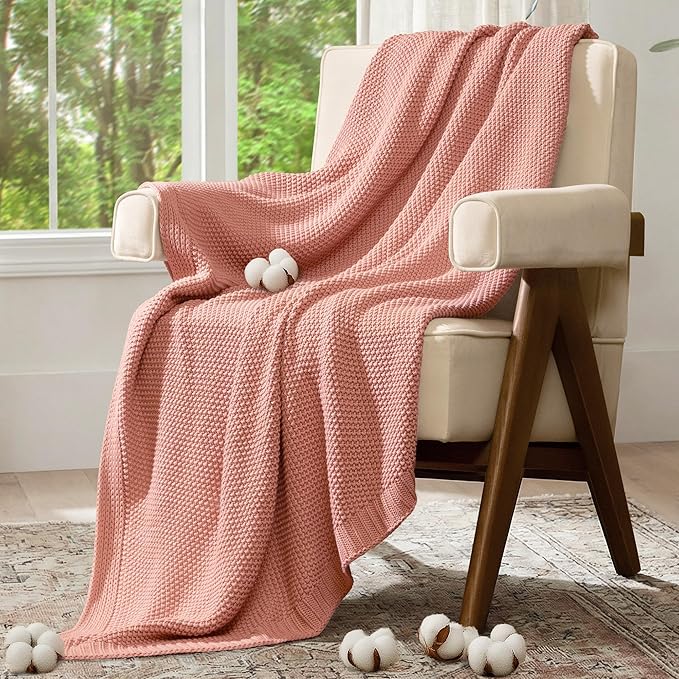 100% Cotton Cable Knit Throw Blanket, Lightweight Soft Knit Blanket for Sofa Couch Bed, Breathable All-Season Throw, Cozy Decorative Blanket, 50 x 60 Inch,Pink