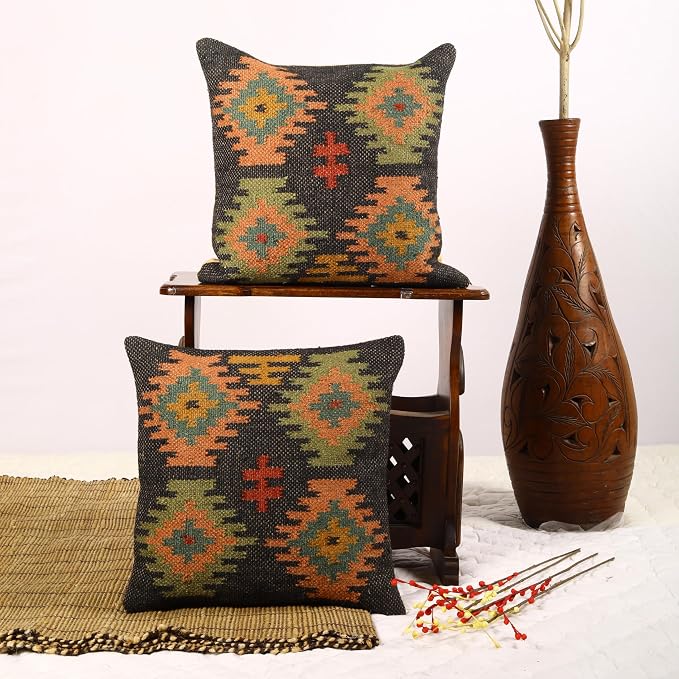 Trade Star 70% Jute 30% Wool Designer Cushion Cover Set of 2 Throw Pillow Covers Kilim Cushion Cover Handwoven Pillowcase Handloomed Rug Decorative Cushion Cases 18x18 Inches (Kilim 14)