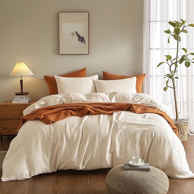 SE SOFTEXLY Muslin Duvet Cover Oversized King Size, 100% Washed Cotton Duvet Cover Set, Ultra Soft Comforter Cover Linen Like, 3 Pieces Gauze Duvet Cover with 2 Pillowcases, 98"x120", Off-White