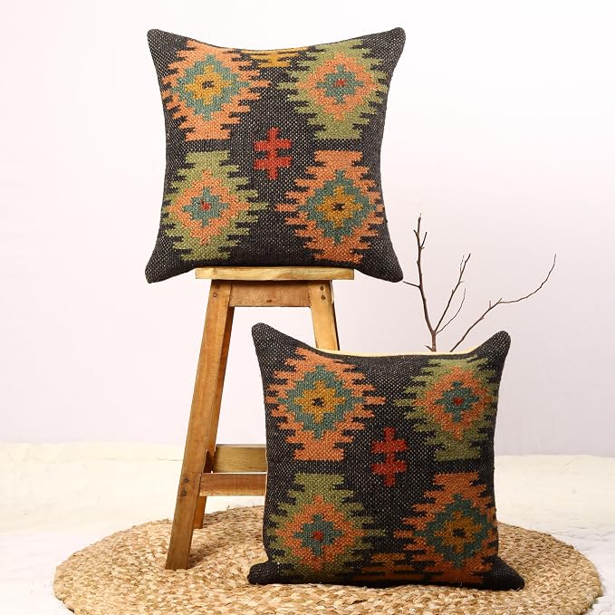 Trade Star 70% Jute 30% Wool Designer Cushion Cover Set of 2 Throw Pillow Covers Kilim Cushion Cover Handwoven Pillowcase Handloomed Rug Decorative Cushion Cases 18x18 Inches (Kilim 14)