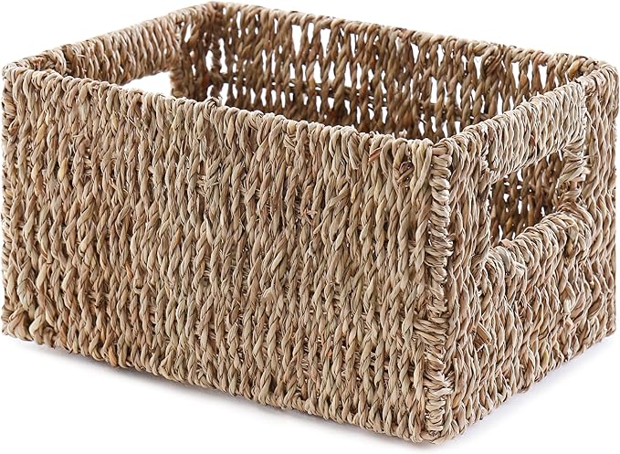 Handwoven Seagrass Storage Basket with Handles, Natural Woven Shelf Organizer Bin for Toys, Books, Closet and Home Storage (Small)