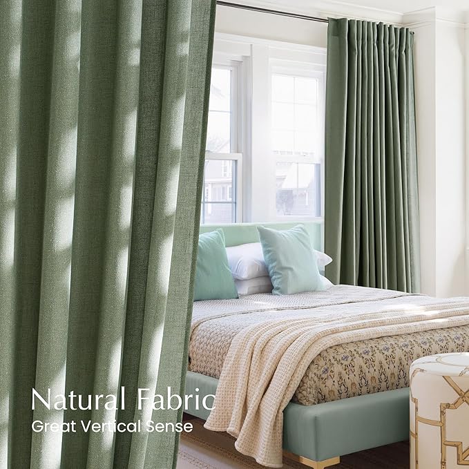 NICETOWN Flax Linen Forest Green Curtains for Large Windows, Rod Pocket & Back Tab Privacy with Light Filtering Linen Blend Window Treatments for Bedroom/Living Room, W55 x L108, Set of 2