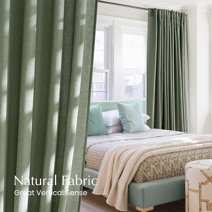 NICETOWN Thick Linen Blend Semi Sheer Forest Green Curtains, Pleat Tape Privacy Added Drapes with Light Filtering Window Treatments for Bedroom/Living Room, W52 x L84, 2 Panels