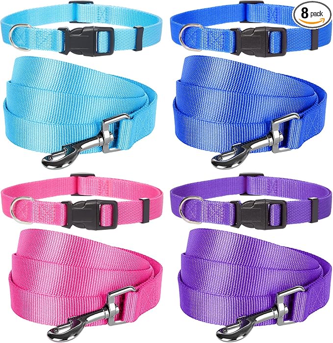 Weewooday 8 Pieces Dog Collar and Leash Set Nylon Adjustable Dog Collars and Leash Personalized Puppy Supplies for Small Medium Large Pet Walking Training, 4 Colors
