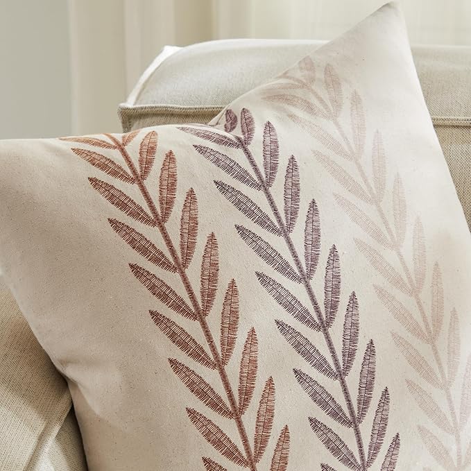 100% Cotton Farmhouse Leaves Throw Pillow Covers Set of 2, 20x20 Inch Mixed Brown Pastoral Decorative Print Cushion Covers for Sofa Bed Living Room Home Decor